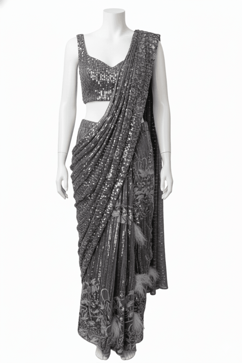 Fetio-Pre-Draped Sequin Saree Gown