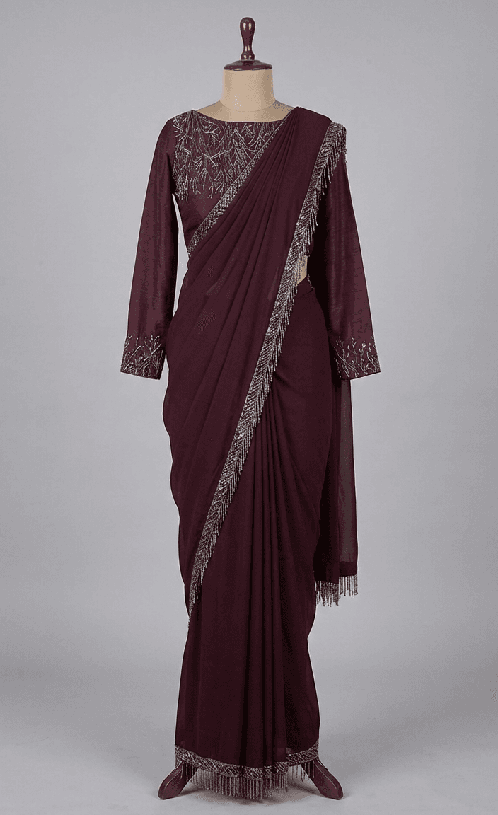 Onaya-Wine Embellished Saree Set
